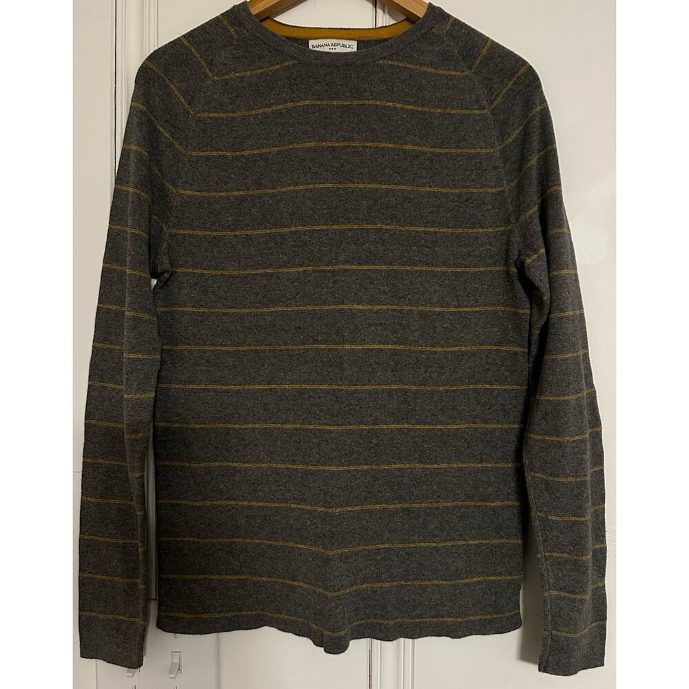 Banana Republic Mens 100% Cotton Crewneck Sweater Gray Mustard Stripe Preppy‎ S